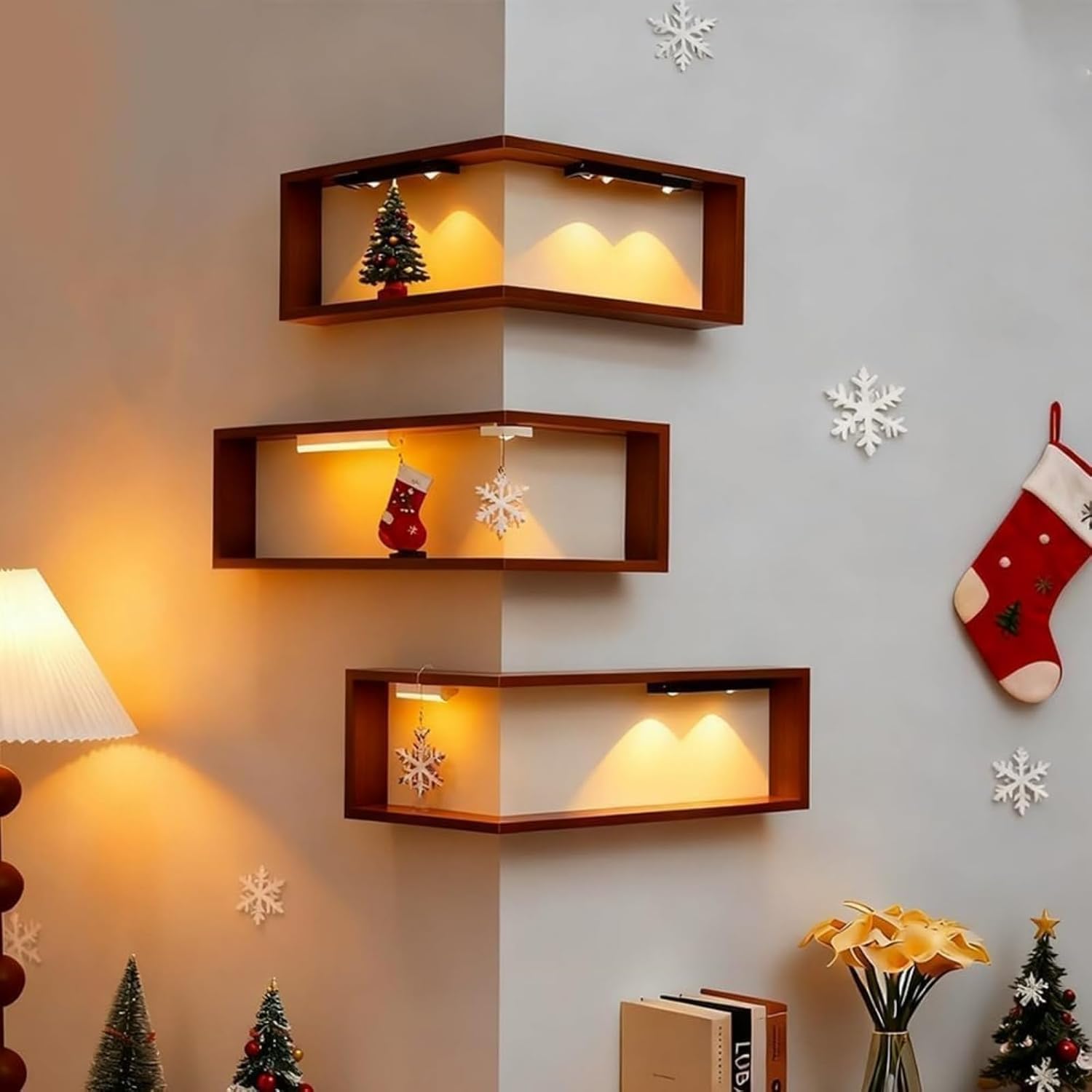 Smart Corner Shelves Light Up, Illuminated Corner Shelf with Remote, Wooden Wall-Mounted Corner Shelf Display Rack, Modern Wall-Mounted Display Rack Stand for Living Room, Study (Set-2)