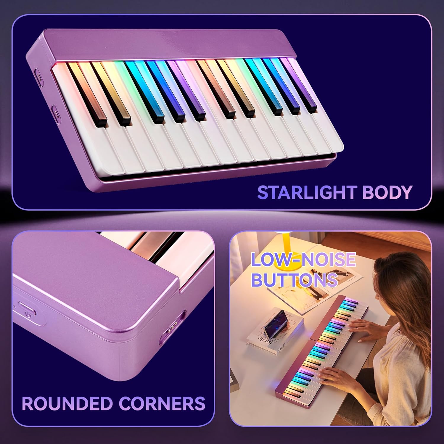 Smart Piano Keyboard with Built-in LED Light and Free App, 24-Key Smart Piano for Beginners, Portable travel piano Keyboard,Mini Piano Keyboard, MIDI Supported, Birthday or Holiday Gift(Purple)