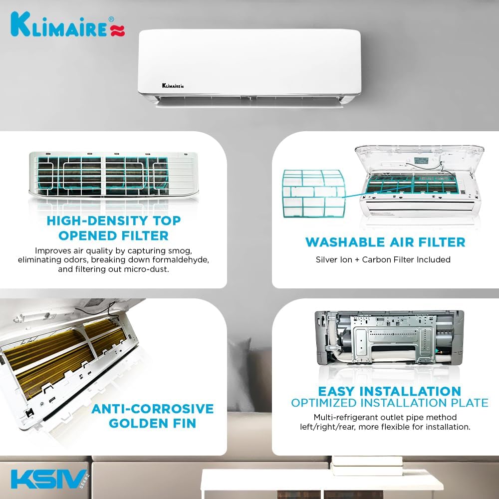Klimaire 12,000 BTU 21.4 SEER2 Ductless Mini-Split Inverter Air Conditioner Heat Pump System with All-Inclusive 16' Installation Kit, Wall Bracket, Electrical Disconnect Box & Liquid-Tight Whip (230V)