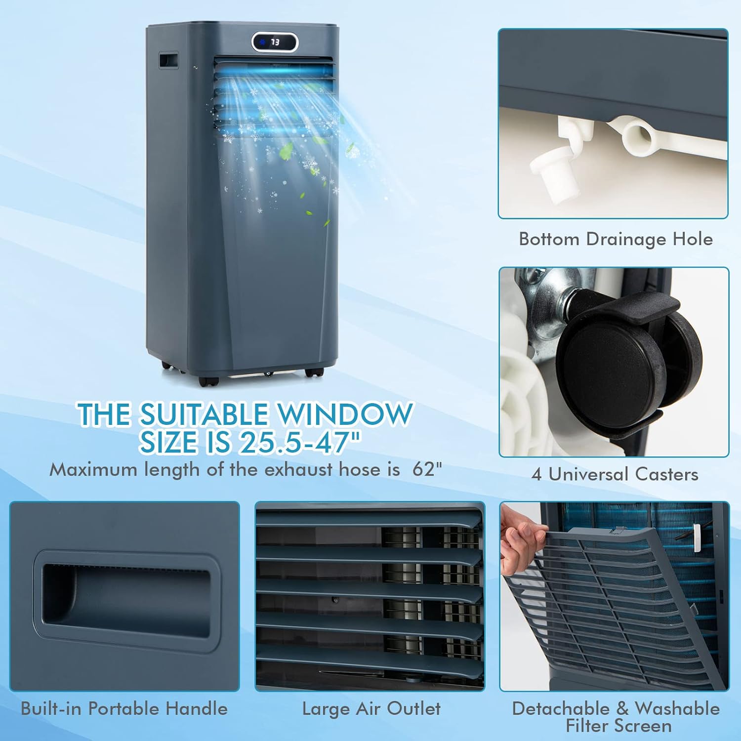 LDAILY Portable Air Conditioner, 8000 BTU for Rooms up to 230 sq.ft, 3-in-1 Evaporative Air Cooler w/Dehumidifying Fan & Remote Control, Sleep Mode, Window Kit, 24H Timer & LED Display, Dark Blue