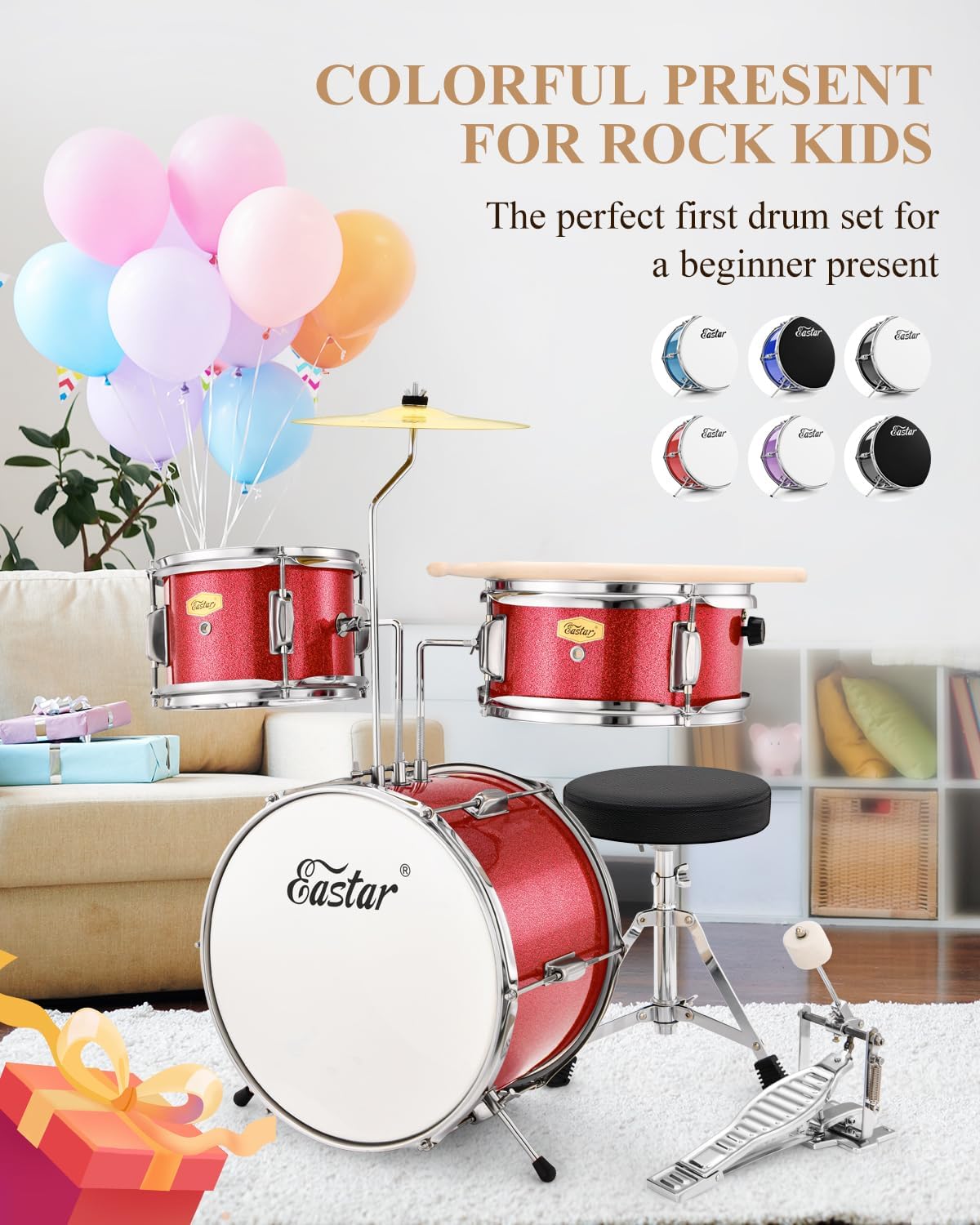 Eastar Drum Set for Kids and Beginners, 3-Piece 14'' Drum Kit with Adjustable Throne, Cymbal, Pedal & Two Pairs of Drumsticks, Junior Drum Set with Bass Tom Snare Drum, Metallic Red