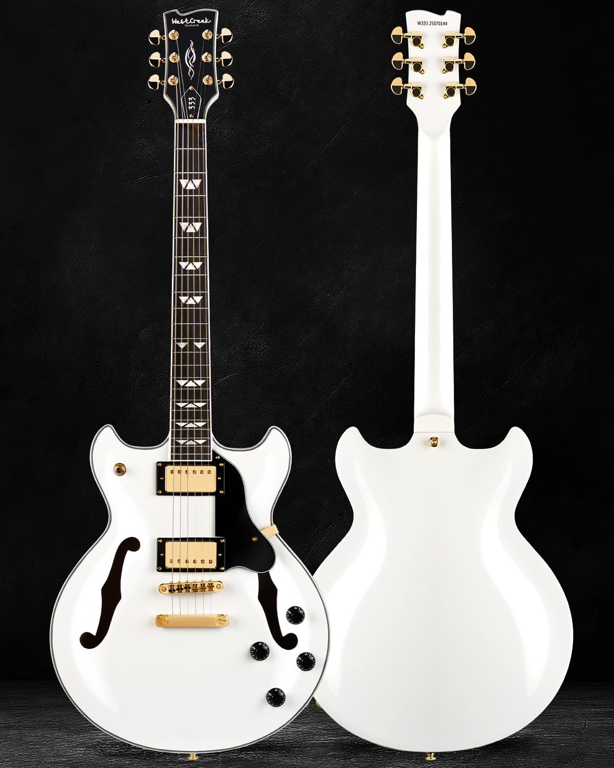 WestCreek 333 Electric Guitar, Semi Hollow Body Jazz Electric Guitar, Alnico Humbucker Pickups, Rosewood Fretboard, Maple Neck, Rounded End Frets, Maple Body, Full size (Polar White)