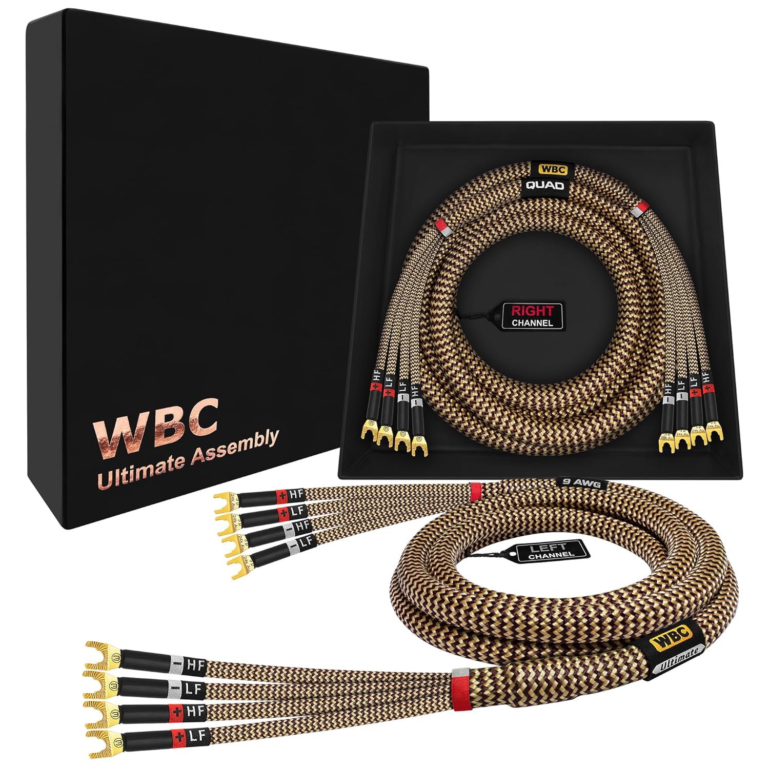 WORLDS BEST CABLES 8 Foot Ultimate - 12 AWG - Ultra-Pure OFC - Premium Audiophile HiFi Bi-Amp Speaker Cable Pair with Eminence Spade Plugs & TnBrwn Tweed Jacket