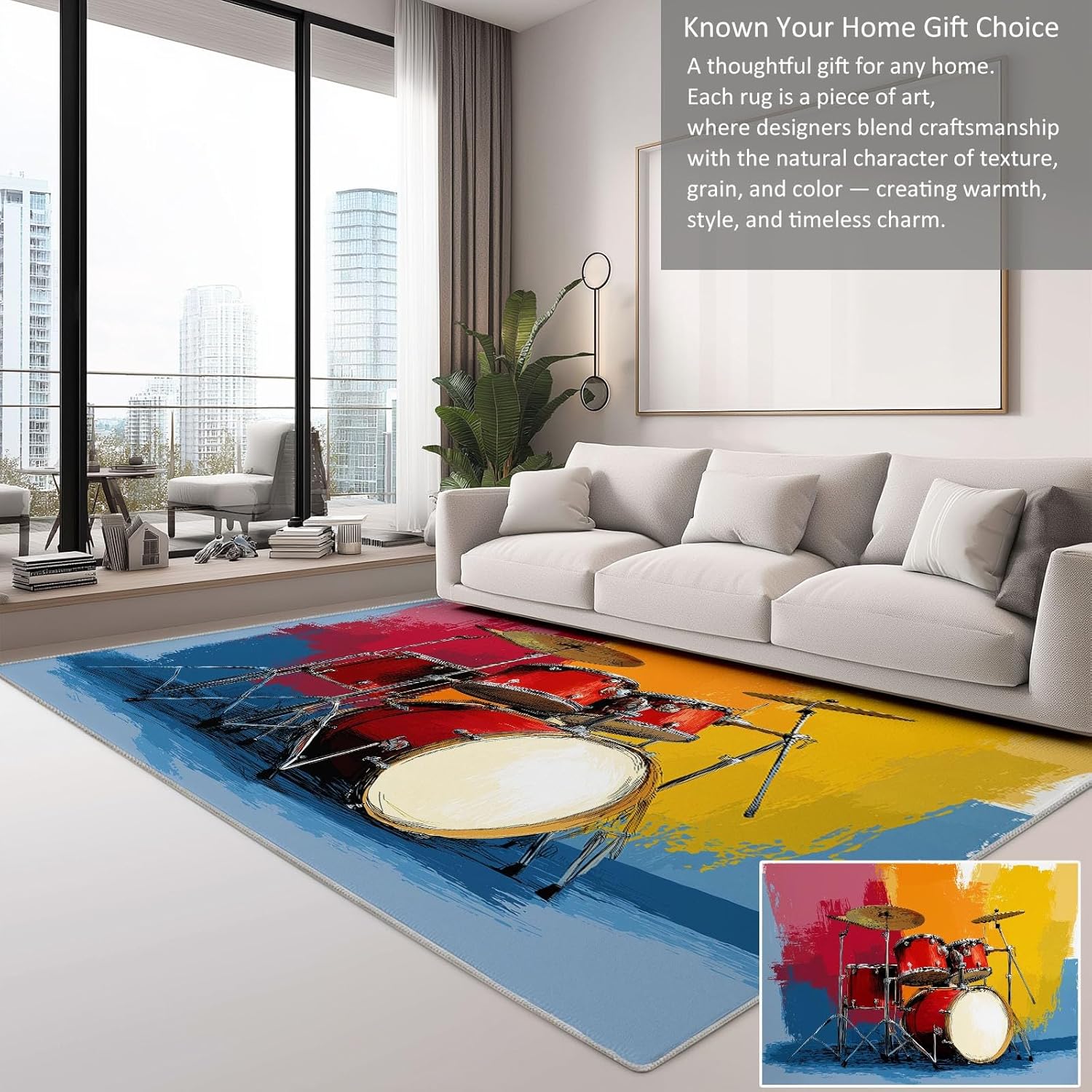 Area Rug for Living Room 8x10 ft Colorful Graffiti Drum Kit Machine Washable Non-Slip Rugs, Soft Accent Rugs, Lightweight Carpet, Foldable Easy Care, Stylish Indoor Area Rug