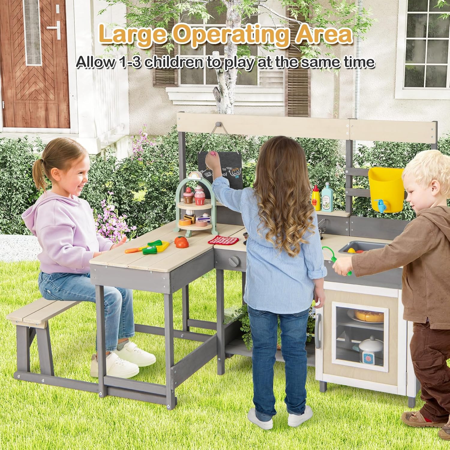 INFANS Mud Kitchen, Outdoor Play Kitchen with Faucet Chalkboard Stoves Removable Sink Cooking Accessories Wooden Kids Kitchen Playset Backyard Garden Toys Gift for Boys Girls Ages 3+