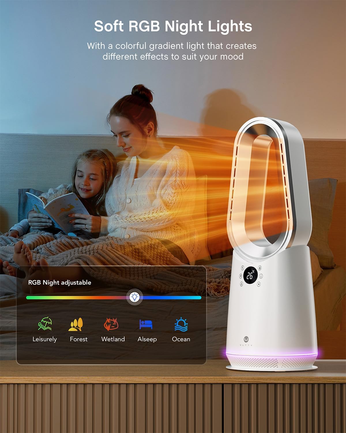 ULTTY Space Heater, Portable Electric Heaters and Cooler Fan Combo with Remote, 80°Oscillation, 9 Speeds, 3 Modes, 8 Timer, 6 Colors LED Light, Fast Safety Heat and Quiet for Office Bedroom Home