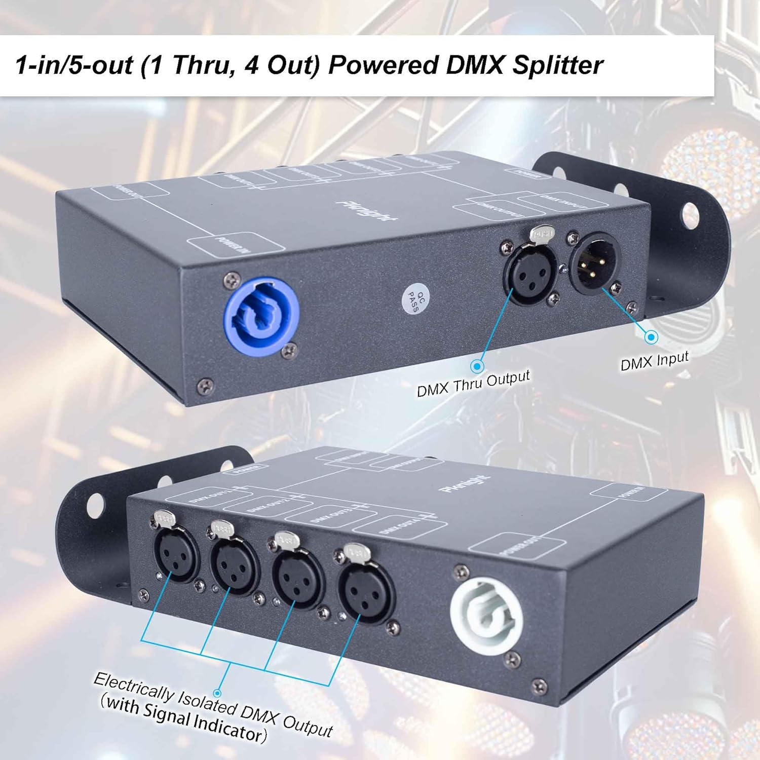 Pknight 4-Channel DMX Signal Splitter with Optical Isolation and PowerCON Linking Signal Amplifier Distributor for Stage Lighting (4 CH DMX Splitter)