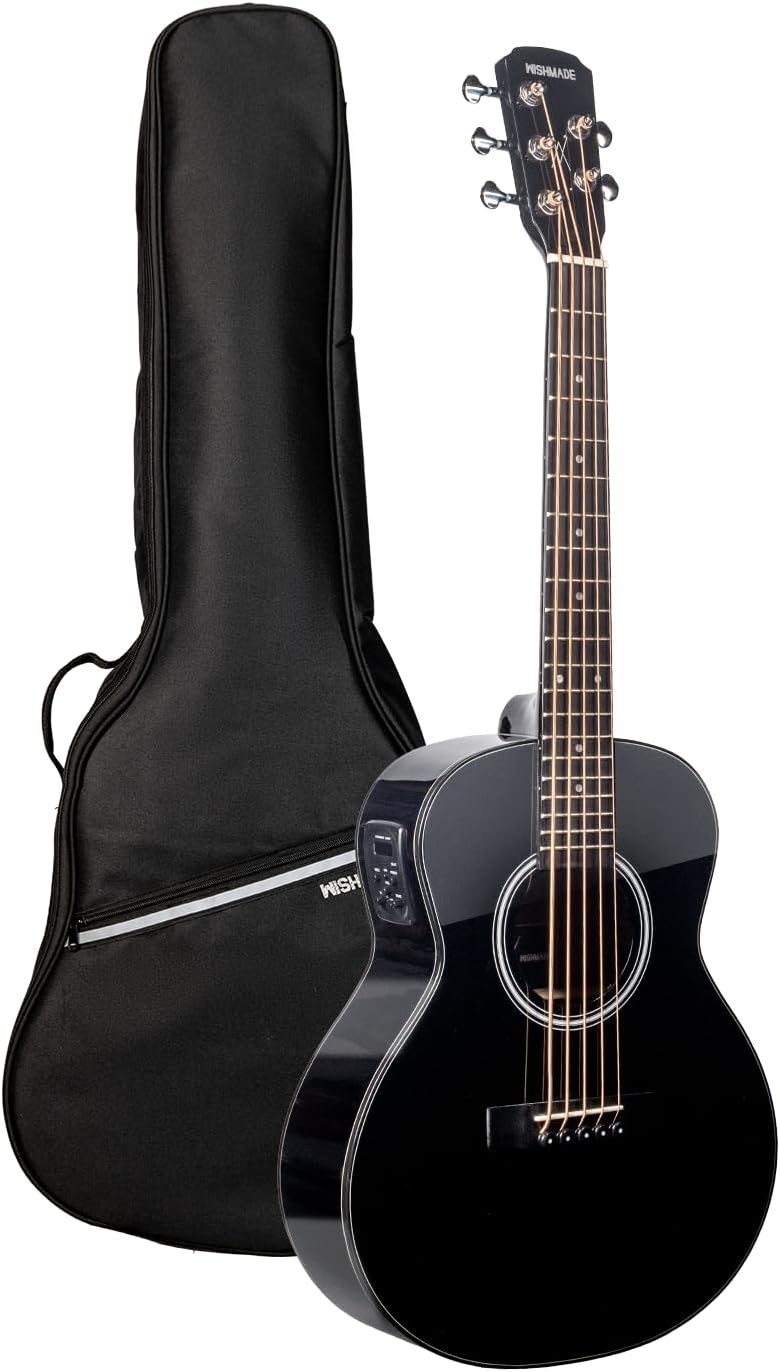 WISHMADE 3/4 Acoustic Guitar 5 String Bass Guitarra With Gig Bag, Black Guitar Body Natural Wood Finish for Kids Bass Guitar & Beginner Guitar for Adults Youth Practice