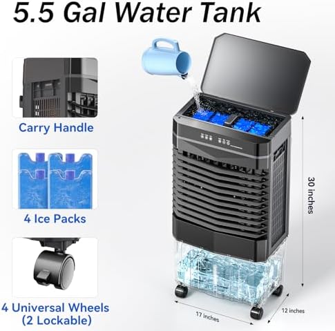 Auertech 5.5 Gal Swamp Cooler, 1800 CFM Portable Evaporative Air Cooler with 3 Speeds, Remote, 12H Timer, 120°Oscillation, Portable Air Coolers for Room, Garage, Bedroom