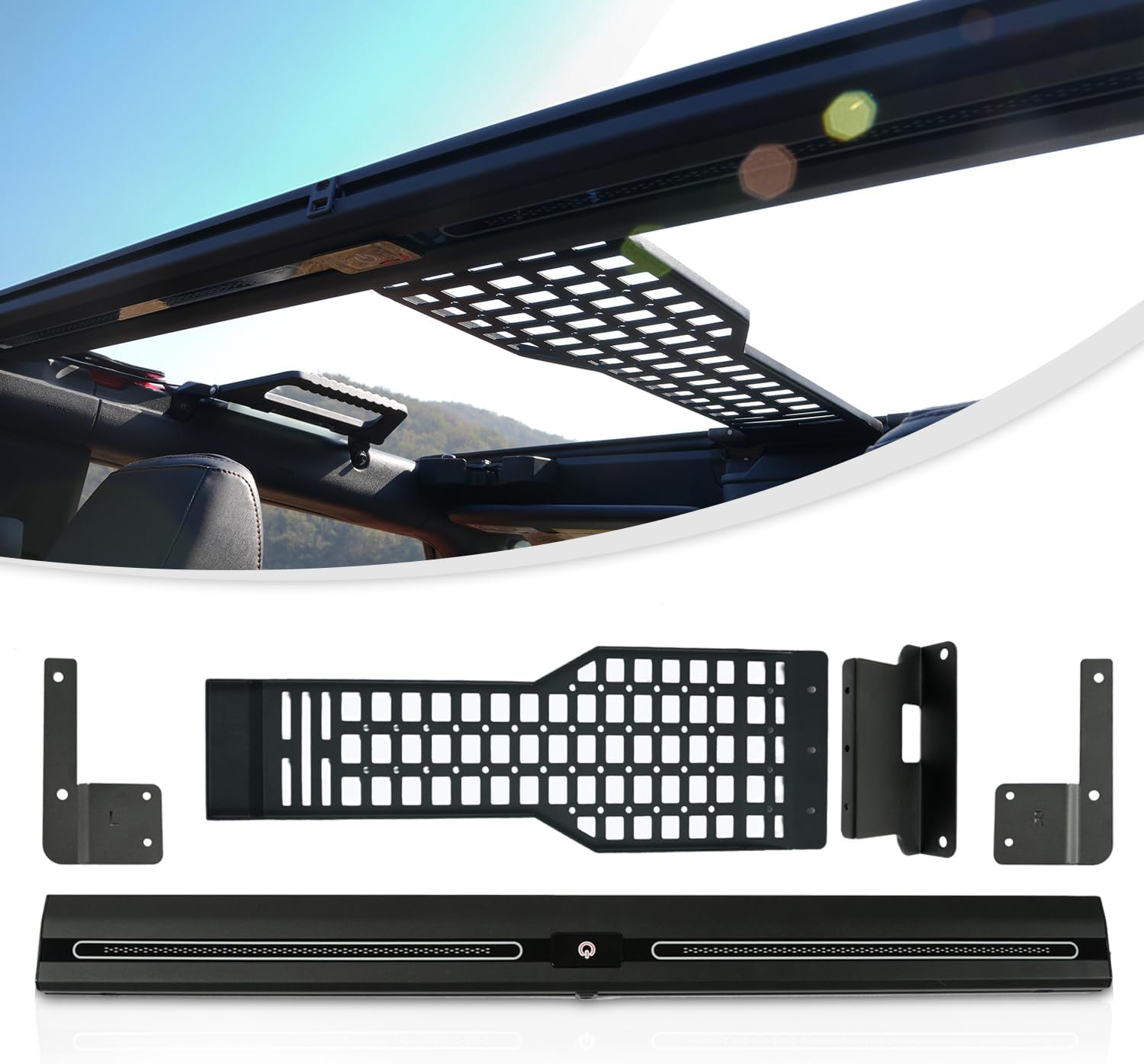 Roof Molle Panel with Built-in Ceiling Lighting Accessory, Fits for Ford Bronco 2021 2022 2023 2024 2025 4-Door Hardtop and Softside Versions, NOT Fits for 2-Door Versions.