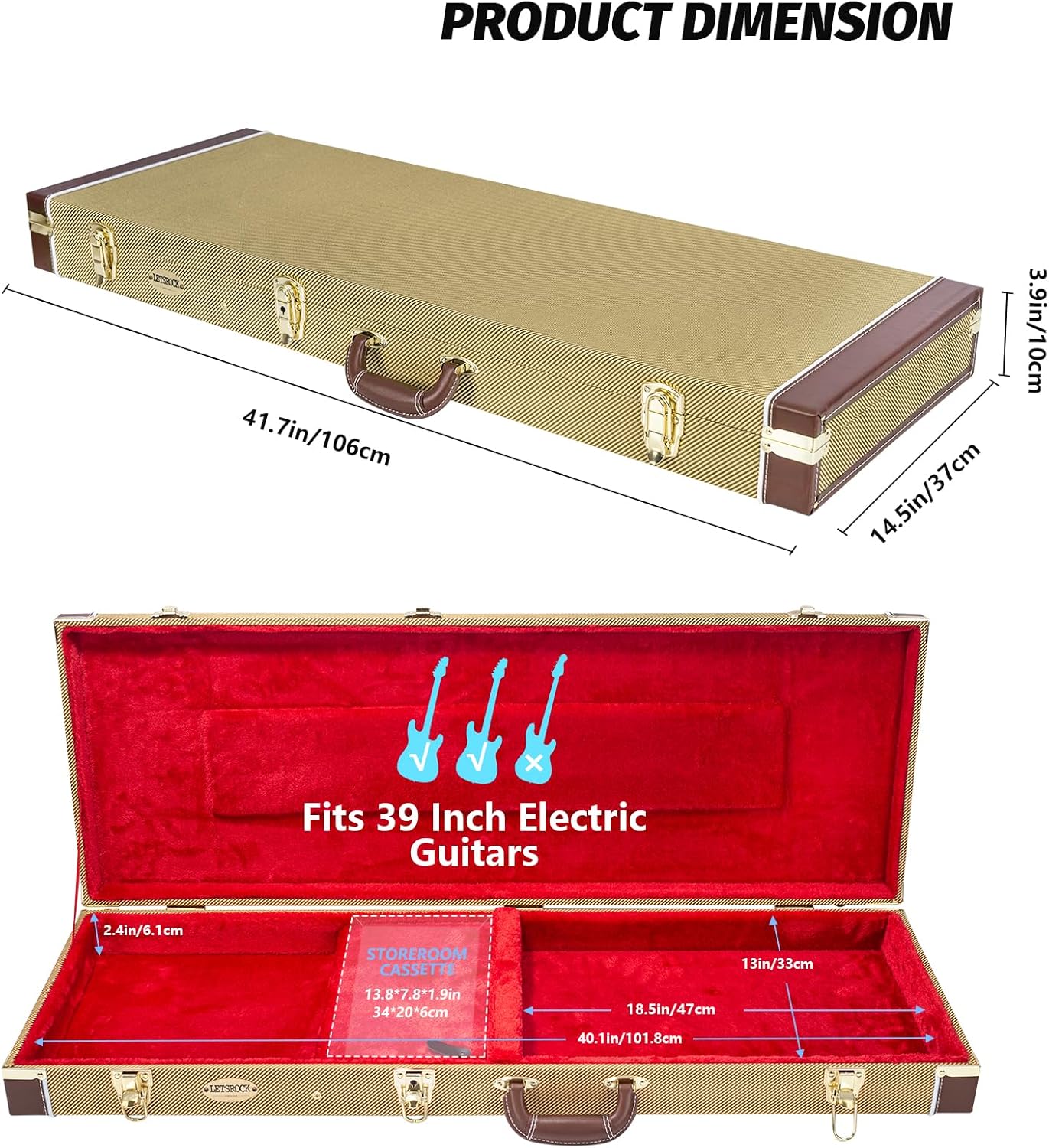 LETSROCK Electric Guitar Hard Shell Case, 39 Inch Standard Electric Guitar Hard Carrying Case for KST/KTL/170 Model with Lock Latch