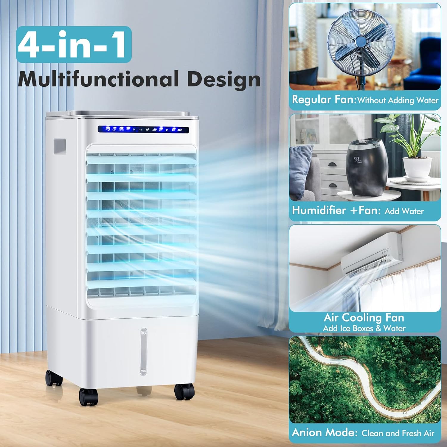 Evaporative Air Cooler, 3 in 1 Air Conditioner Fan with 3 Modes & 3 Speeds, Remote & 7H Timer, 80° Oscillation, Negative Oxygen Ion Function, Water Tank, Swamp Cooler for Home Office Dorm