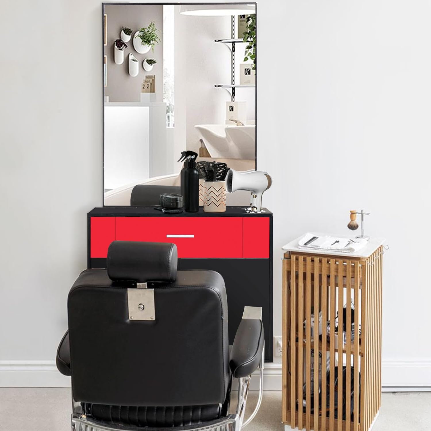 Professional Wall Mounted Hair Styling Station with Mirror, Salon Shelf Cabinet for Tools, Products and Accessories