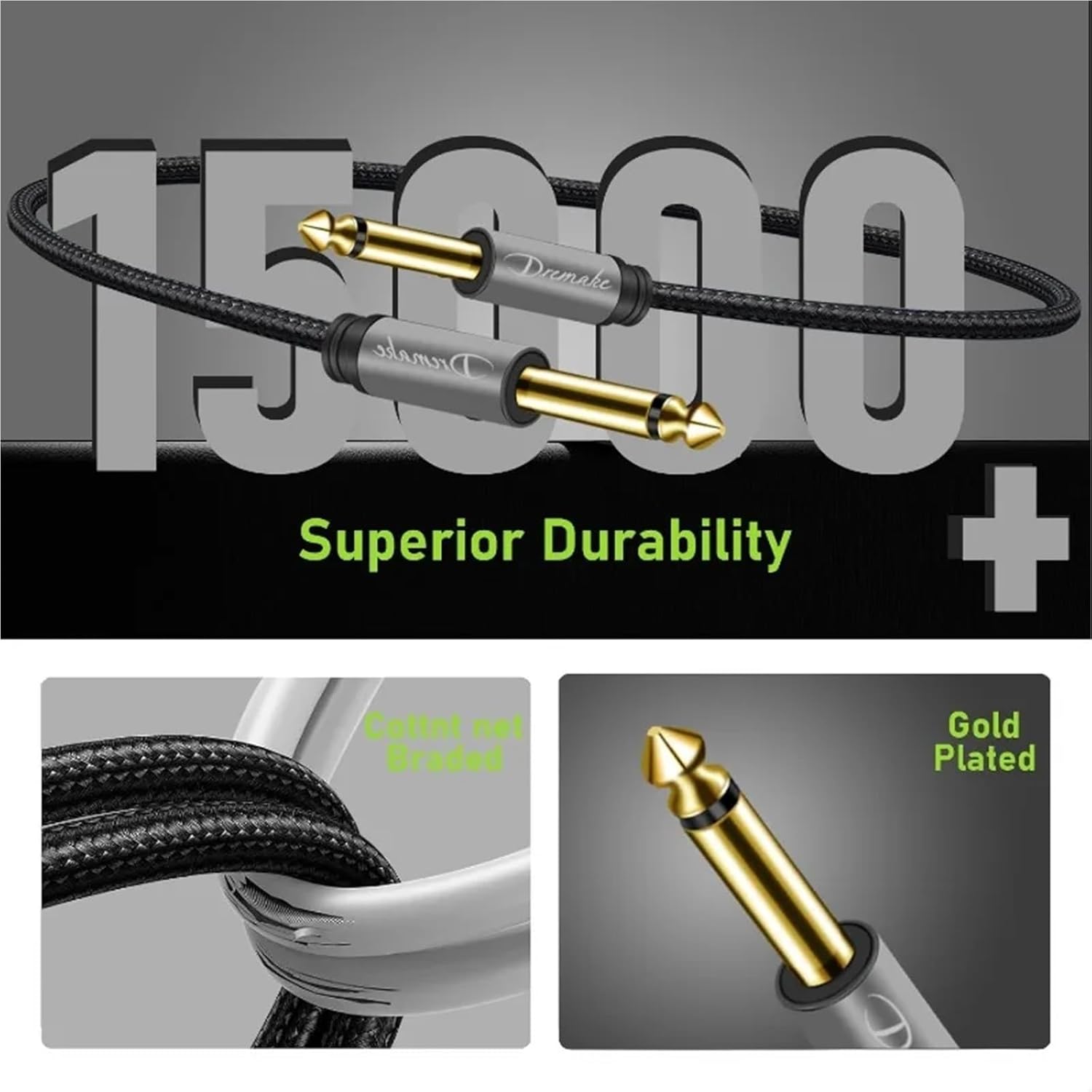 TS 6.35mm to 6.35mm Mono Amp Cord 1/4'' TS Mono 6.35mm Jack Male to Male Audio Cable for Guitar Mixer with Zinc Alloy Housing(3m)