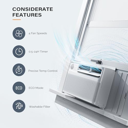ROVSUN 8000 BTU Window Air Conditioner with Inverter Compressor, AC Unit for Window with Remote Control, Timer Function & Pre-Installed Side Panels for Easy Operation & Installation, 115V/60Hz