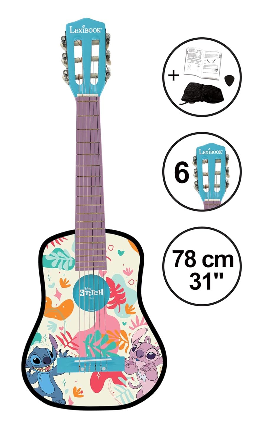 Lexibook, Disney Stitch, My First Wooden Acoustic Guitar, 6 Nylon Strings, 78 cm (30