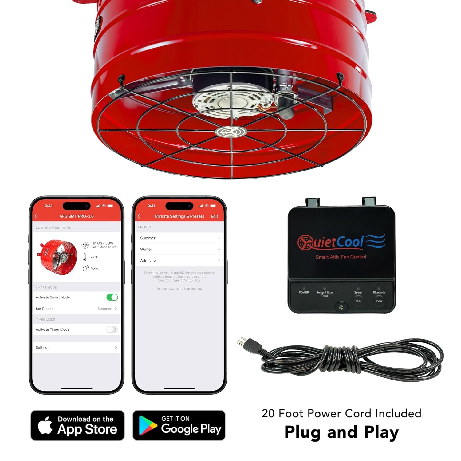 Quietcool AFG SMT PRO-3.0 Smart Attic Fan for Gable Vents - 2940 CFM - Smart App Control - Thermostat and Humidistat - 20ft Power Cord - Plug-and-play - Two Speed