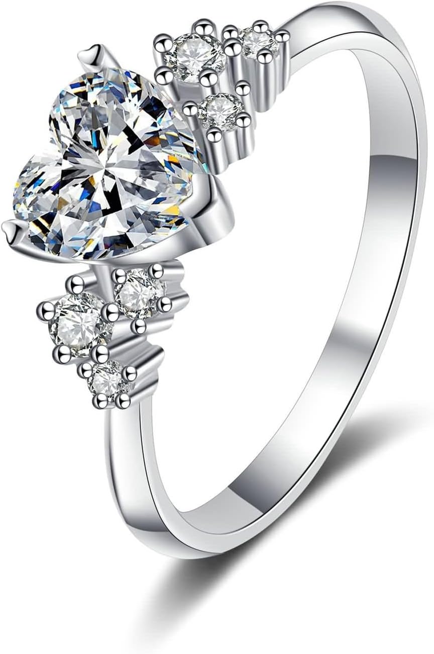 Heart Engagement Ring, Lab Diamond Ring 14K/18K White Gold White Stone Silver Fashion Jewelry for Women Size 4-10
