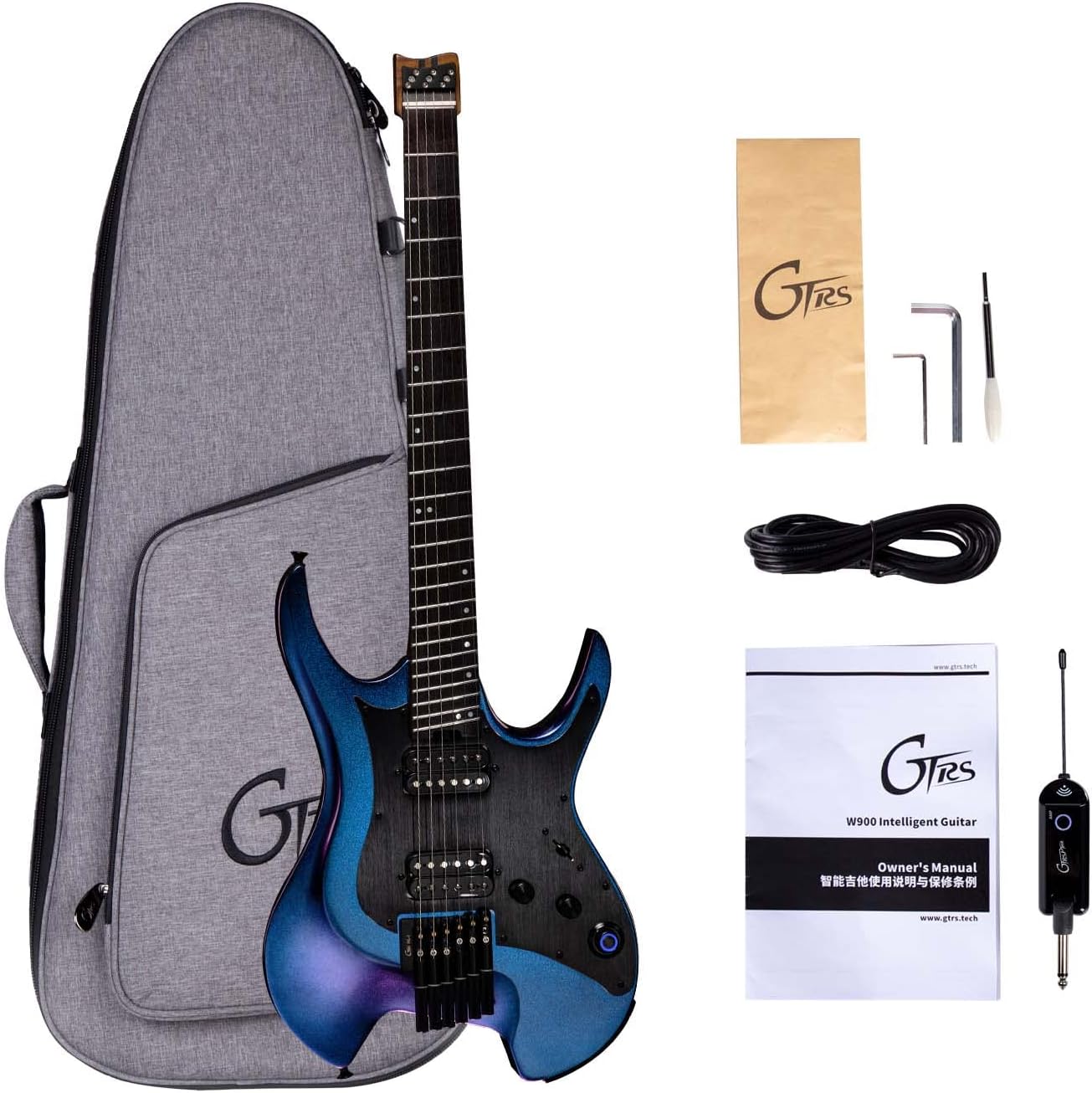GTRS W900 Headless Travel Guitar Smart Electric Guitar With APP Effects, Loop and Drum Machine, 9H Bettary Life, Color-changing Paint Body for Beginner, Professional(purple)