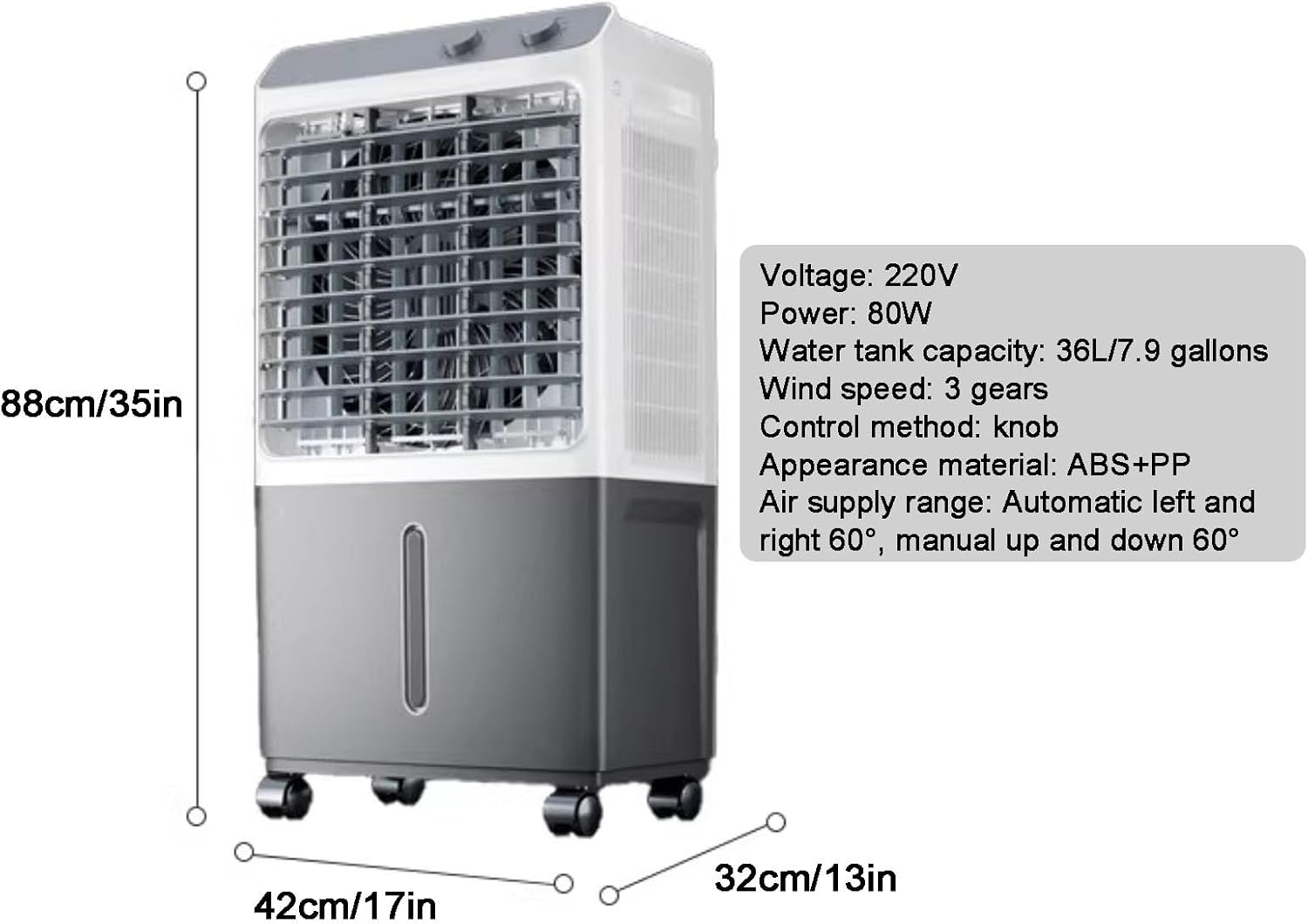 Evaporative Cooler, Knob Type Swamp Cooler, Portable Air Conditioners with 4 Ice Crystals, 3 Speed, 120° Oscillation for Room, Patio, Garage(88cm/35in)