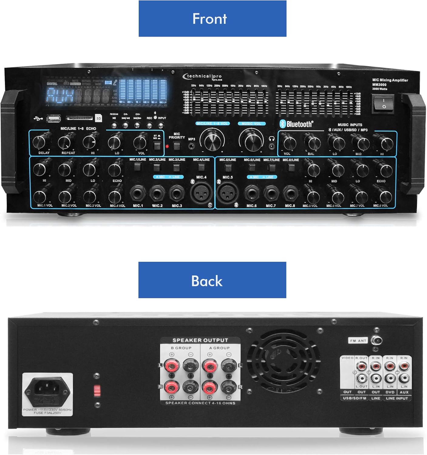 Technical Pro 3000 Watts Professional Mic Mixing Amplifier w/USB SD Card Inputs, Bluetooth Compatibility, Built-in Dual 10 Band Equalizers, for Karaoke Audio Home Stereo Receiver Box System