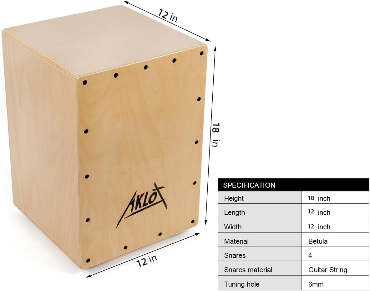 AKLOT Cajon,12 * 12 * 18 inch Box Drum Full Size Percussion Instrument Cajons with Internal Adjustable Snares Birch Wood Compact