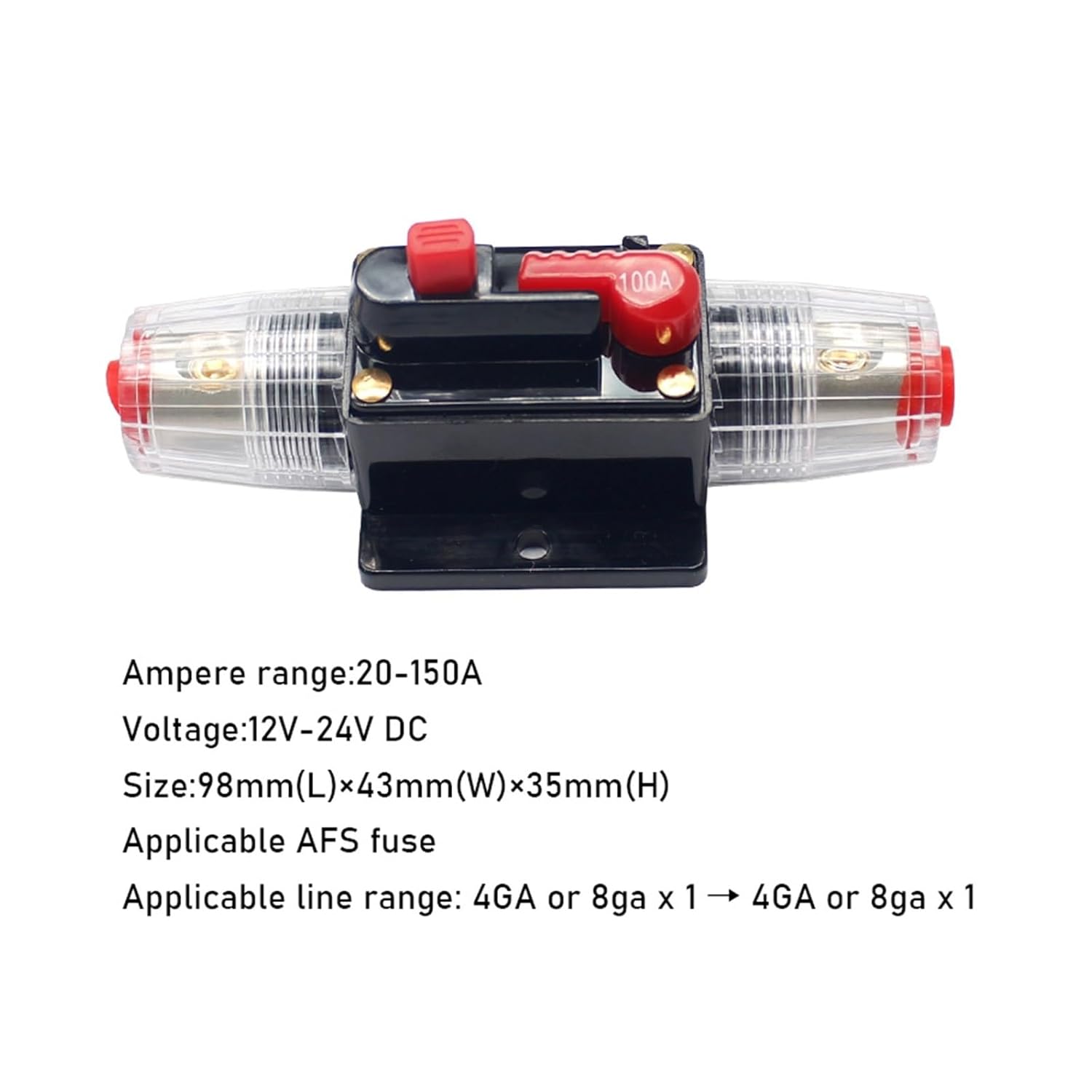 DC 12V 24V 20A50A60A70A80A100A120A150A Fuse Holder Black Car Stereo Audio Inline Circuit Breaker for Truck Amplifier(100A)