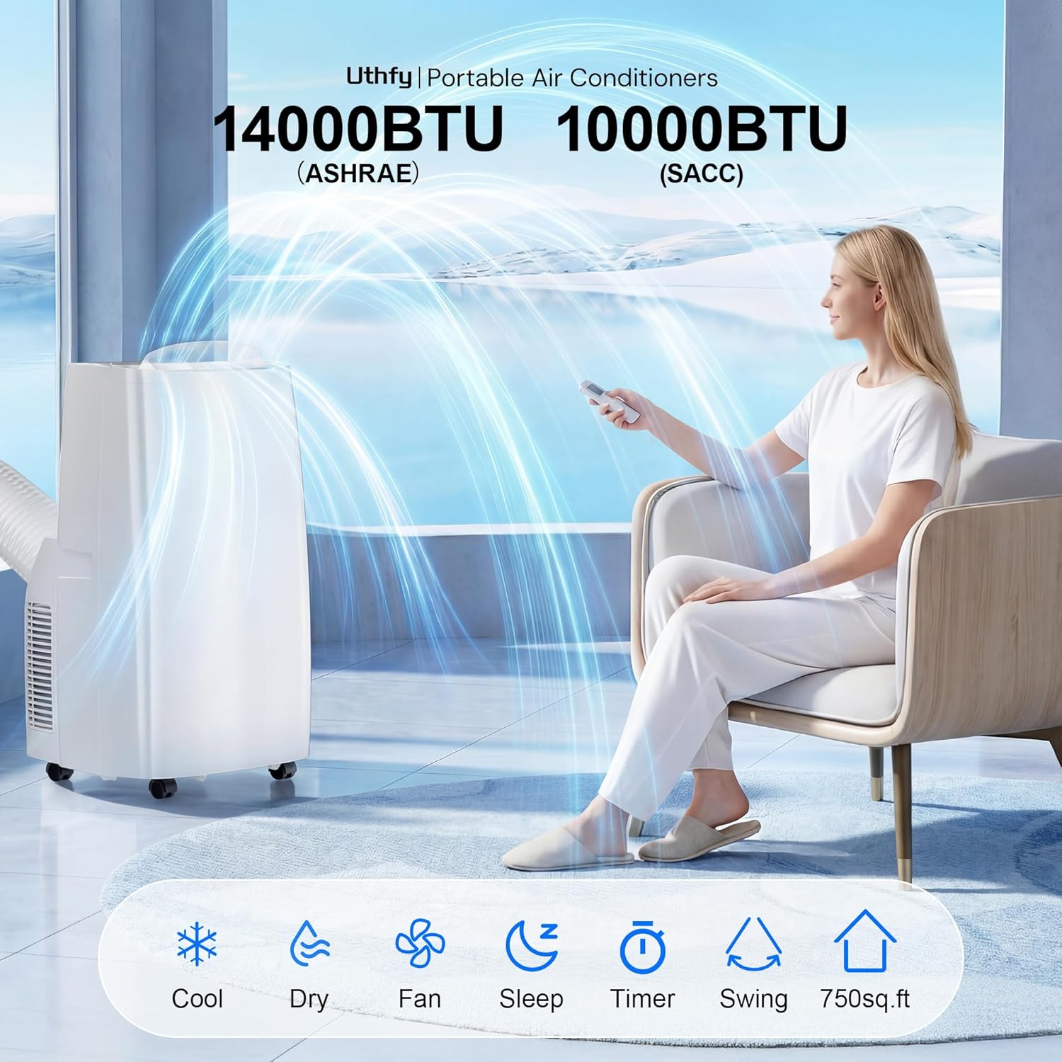 Uthfy 14000BTU Portable Air Conditioners, 4-in-1 Fonction Ac Unit with Cooling, Dehumidifier,Fan and Sleep Mode, Timer Auto-on/off,Cools up to 750 sq.ft, Remote Control, Window kits Included