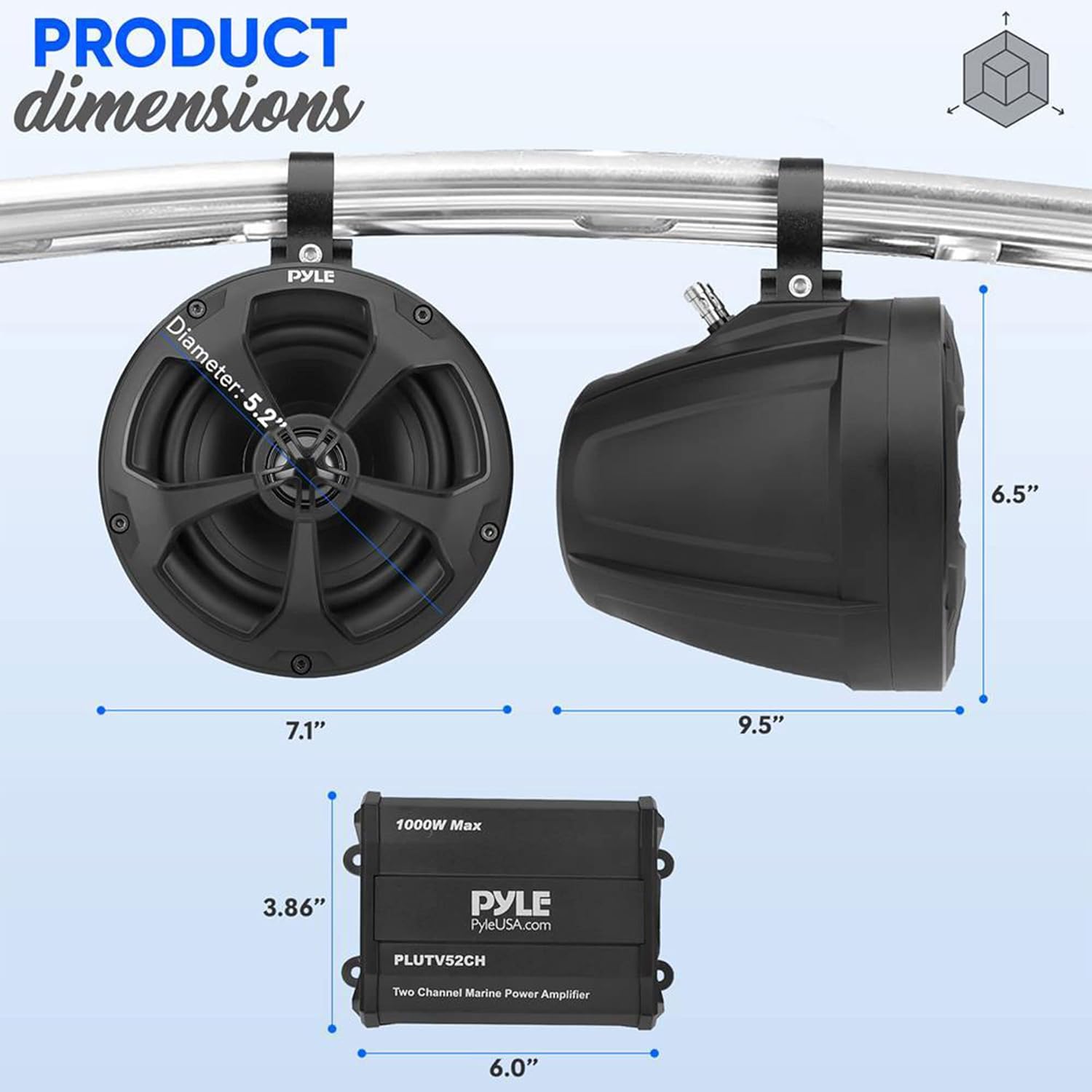 PYLE, Marine Speakers, Boat Speakers, 1000W 5.25 Inch, Waterproof Off-Road System, 2-Channel Amp, Full Range Stereo, ATV/UTV/Jeep, Includes Mounting Brackets & Wiring, IP-X45 Rated, PLUTV52CH