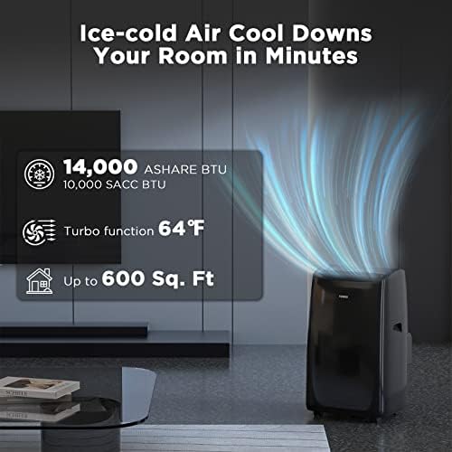 TURBRO 14,000 BTU Smart WiFi Portable Air Conditioner, Cooling up to 600 Sq Ft, 3 in 1 Functions, with Remote, Supports Alexa Control, Greenland