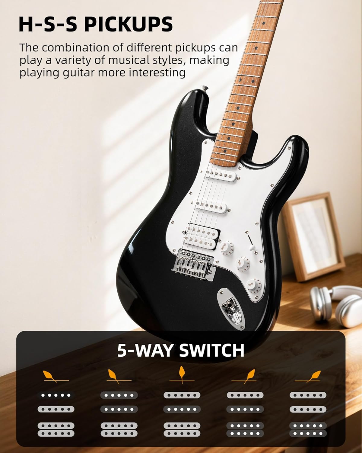 LEKATO Electric Guitar Kit Beginner 39 Inch Full Size Solid Body Guitar HSS for Starter with 5w Mini Amp, Bag, Tuner, Capo, Shoulder Strap, Picks, String, String Winder&Cutter - Black