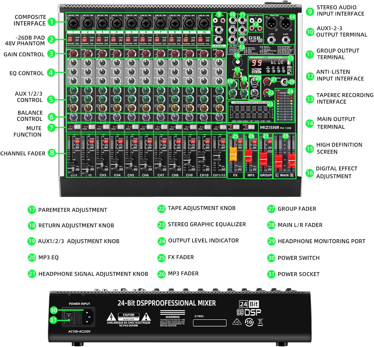 12 Channel Audio Mixer Professional Sound Mixing Board with 99 DSP Effects, 7-band EQ Digital DJ Mixer Console w/USB Bluetooth MP3 for Recording, Independent 48V Power & Mute Button