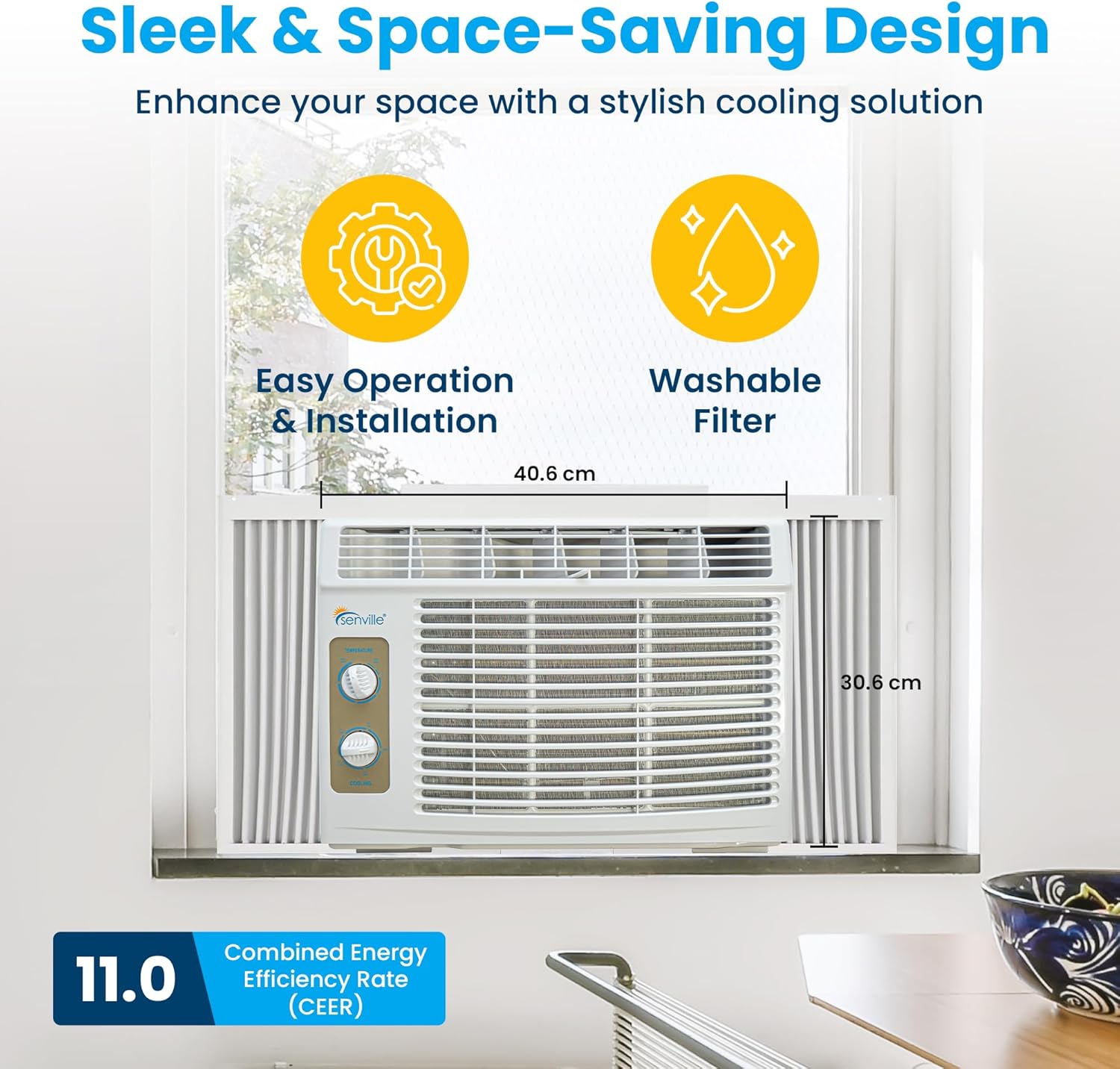 Senville 5,000 BTU Window Air Conditioner, Cools Up to 150 Sq. Ft., Easy to Use Mechanical Control, Washable Filter