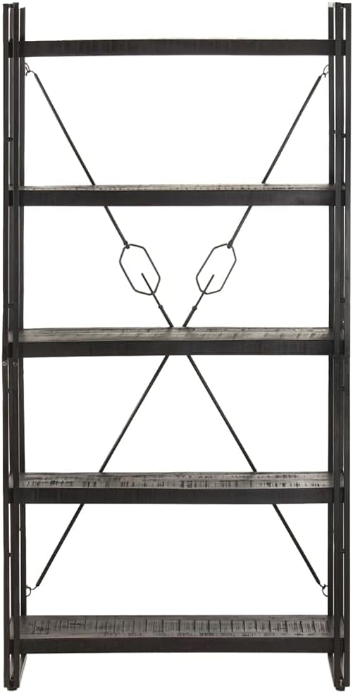 Black Industrial Bookcase, Solid Rough Mango Wood, Powder-Coated Steel Frame, 5-Tier Display Shelf, 11.8x35.4x71 Inch, Living Room Storage Office Furniture