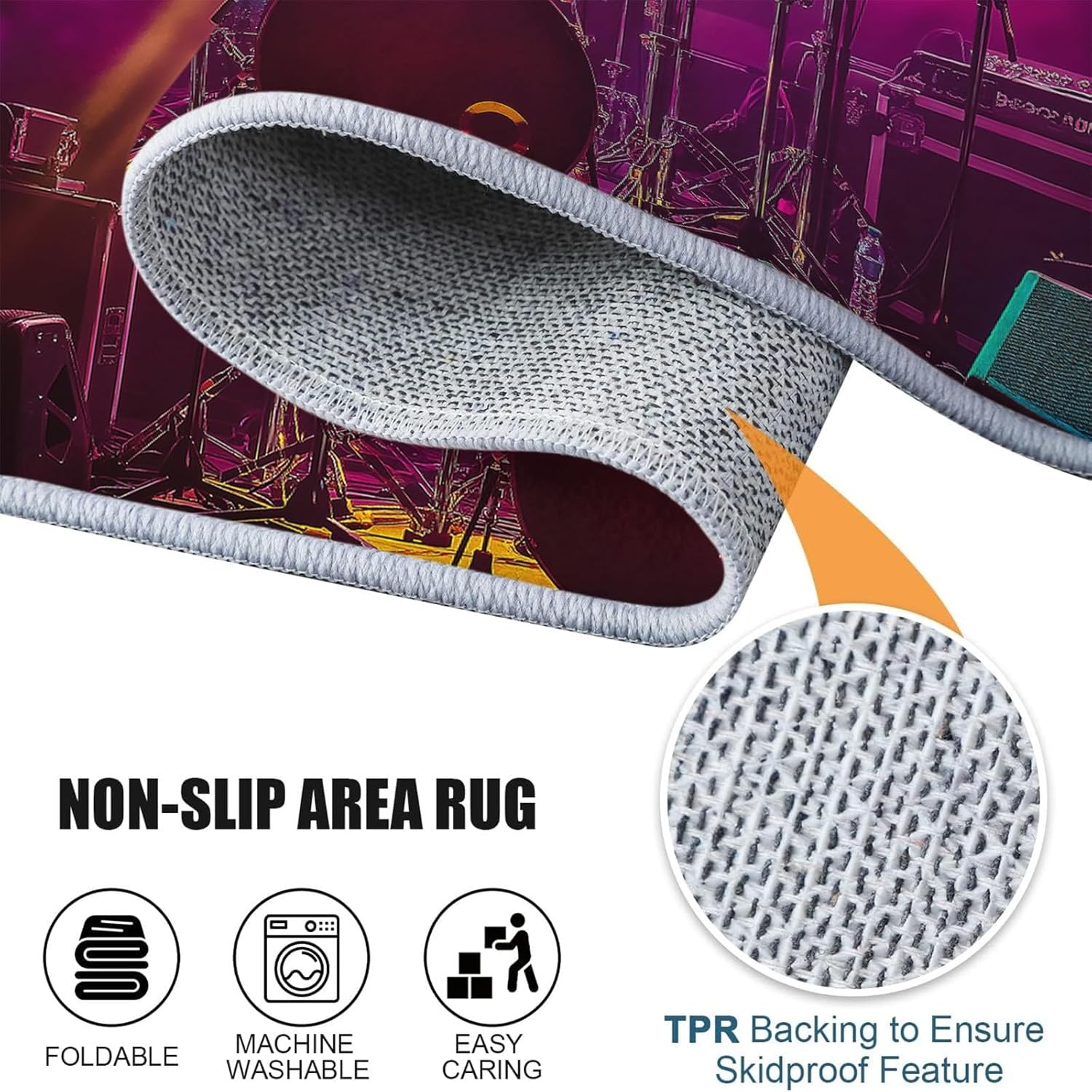 Machine Washable Area Rug 4x6 ft for Dining Room, Bedroom, and Living Room, neon Light Drum Set Stain and Water-Resistant Non-Slip Rug, Pet and Kid Friendly