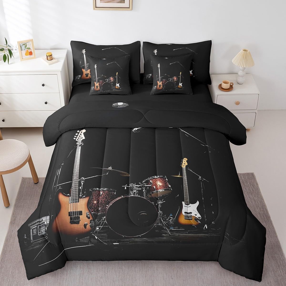 jejeloiu Musical Instrument Comforter Set 7 Pieces Queen Size Guitar Drum Kit Bedding Set for Kids Boys Girls Black Orange Bed in a Bag with Comforter + Sheets + Pillowcases + Cushion Covers