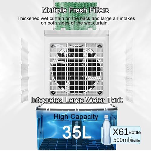 3 In 1 Evaporative Air Cooler & Humidifier & Fan, 3 Wind Speeds, 35L Water Tank, Portable Air Conditioner Fan with 4 Ice Boxes for Home Office Dorm
