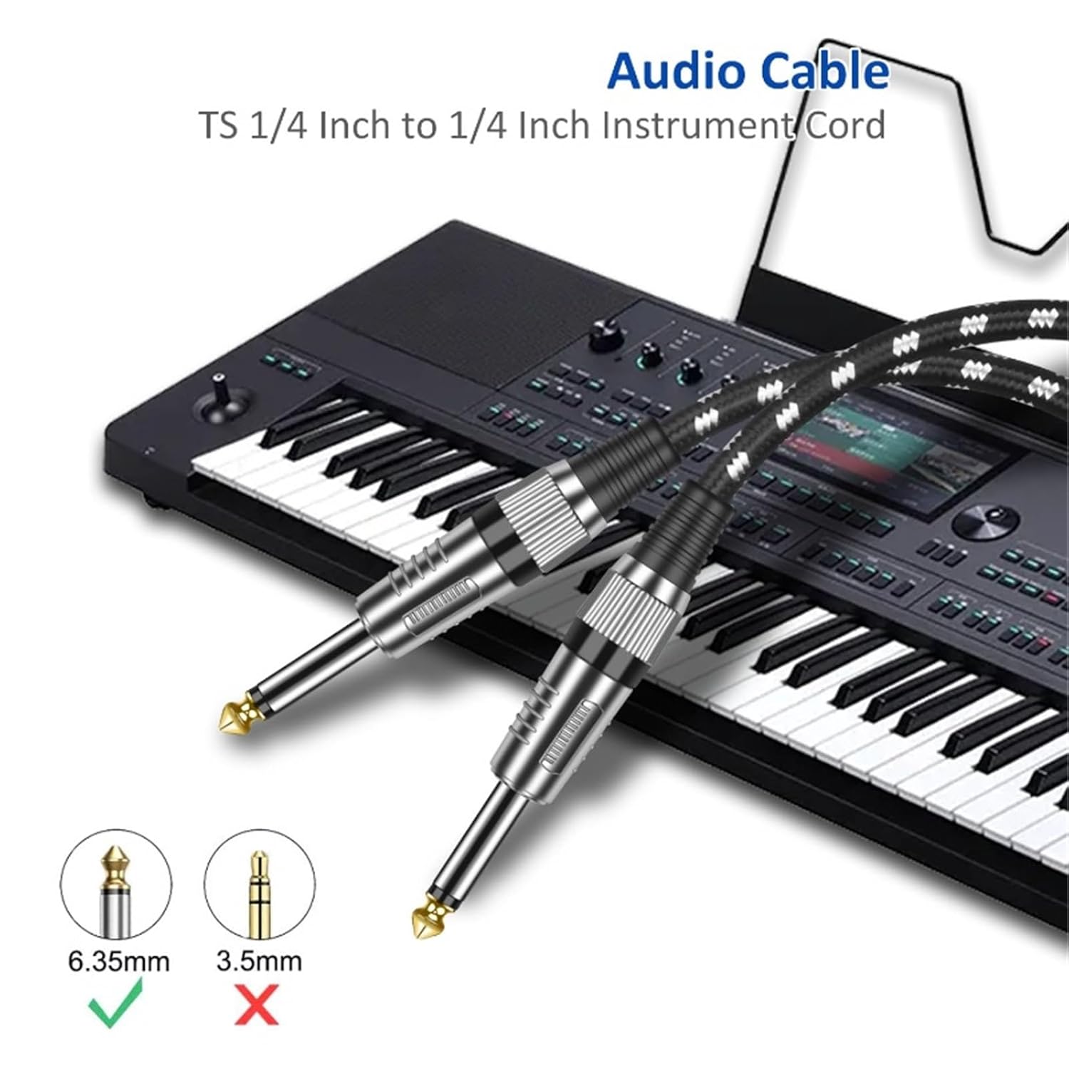 2 Pack TS 6.35 to 6.35 Guitar Cable 6.35 1/4 Inch Mono Jack 6.5mm to 6.5mm Audio Instrument Wire for Bass Mixer Amp Speaker Cord(White-2Packs,0.5m)