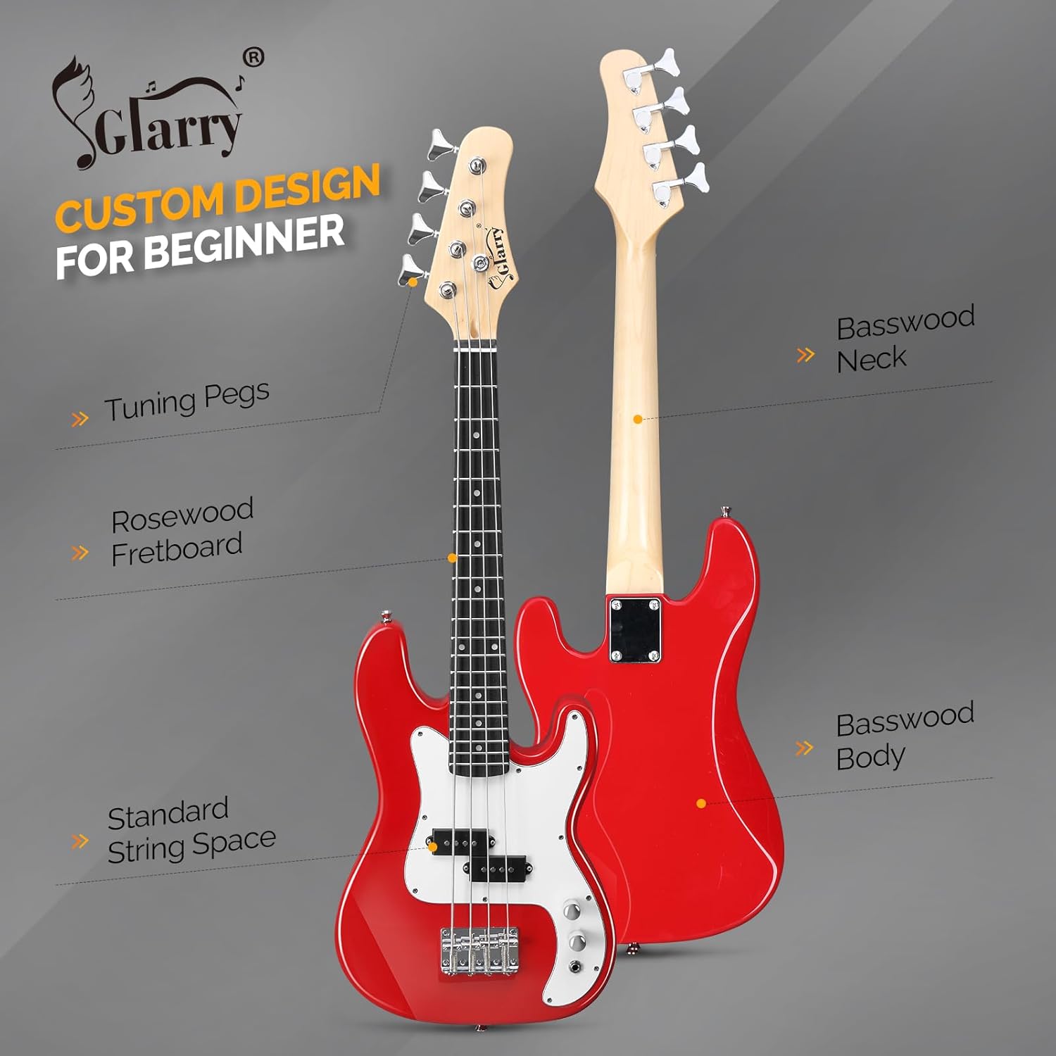 GLARRY 36in Electric Bass Guitar, 4 String Beginner Starter Kit with Accessories including Cable, Strap, Bag for Adults (Red)
