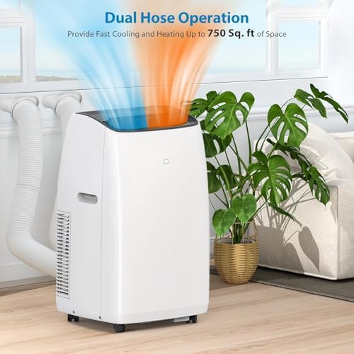 14000Btu Inverter Portable Air Conditioner, Dual Hose Portable Air Conditioner Cools & Heats up to 750 Sq Ft, Dehumidifier & Fan with Sleep Mode 42dB, 4-1 Standing AC Unit, Window Kit