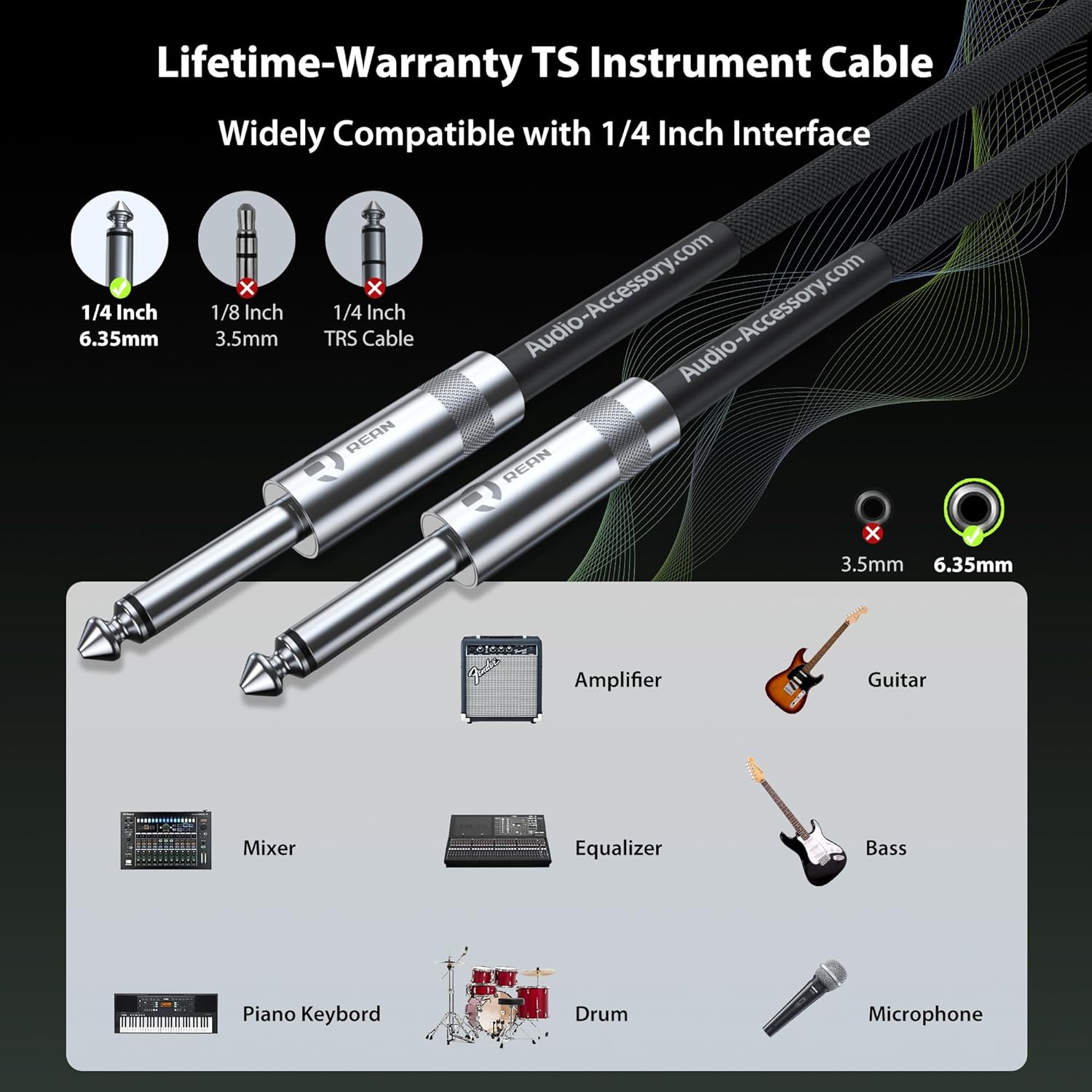 Guitar Cable 100ft 4 Pack (2*Straight & 2*Right Angle), Neutrik REAN Connectors, Kevlar-Reinforced Nylon Braided Cable, No Noise for Electric Guitar Bass AMP