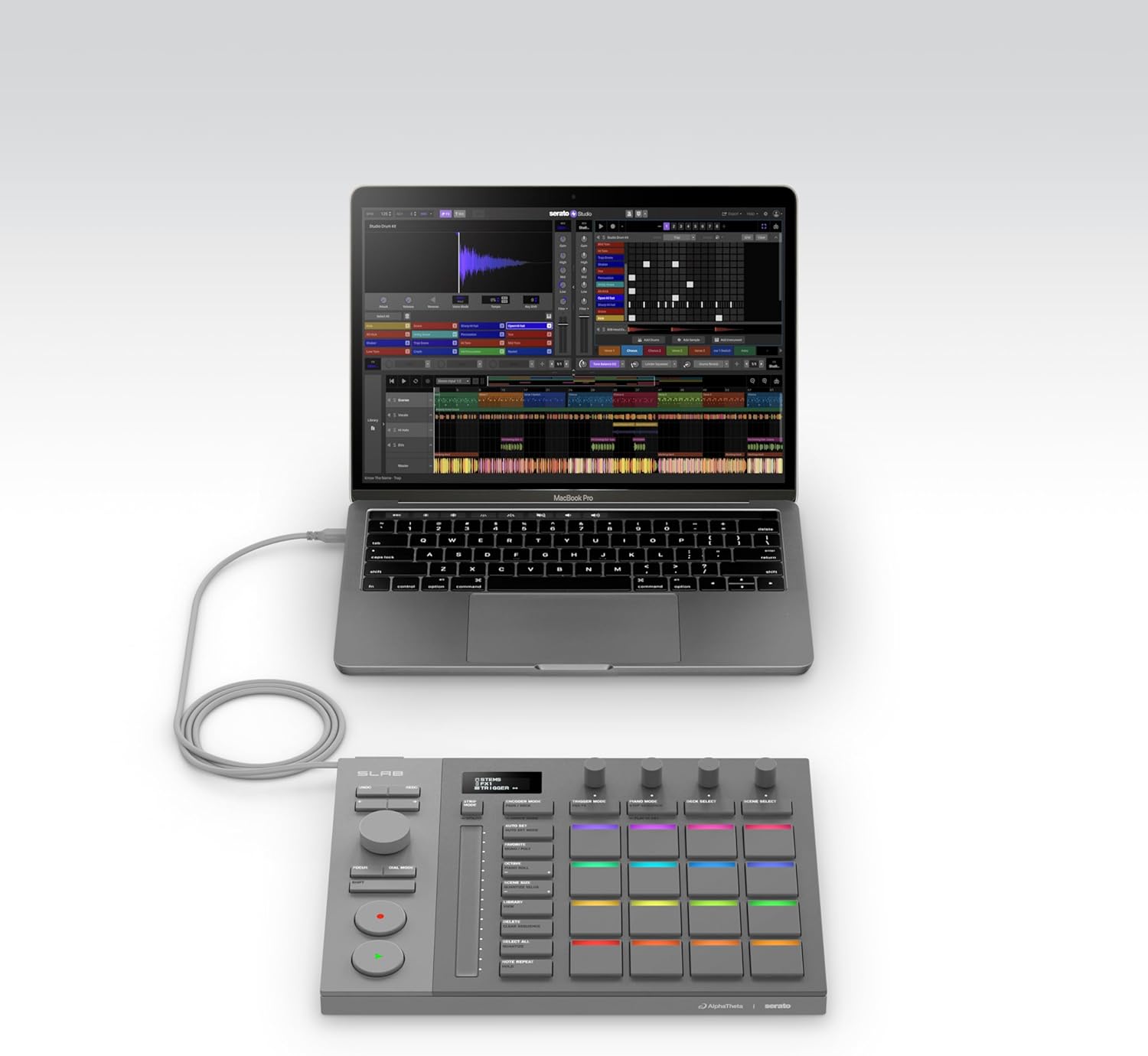 AlphaTheta SLAB MIDI Controller — Unlock Serato Studio (Full Version), Multi‑Function Dial & Focus Control, 16 Velocity Pads With Aftertouch, Touch Strip Performance; Works with Serato DJ Pro