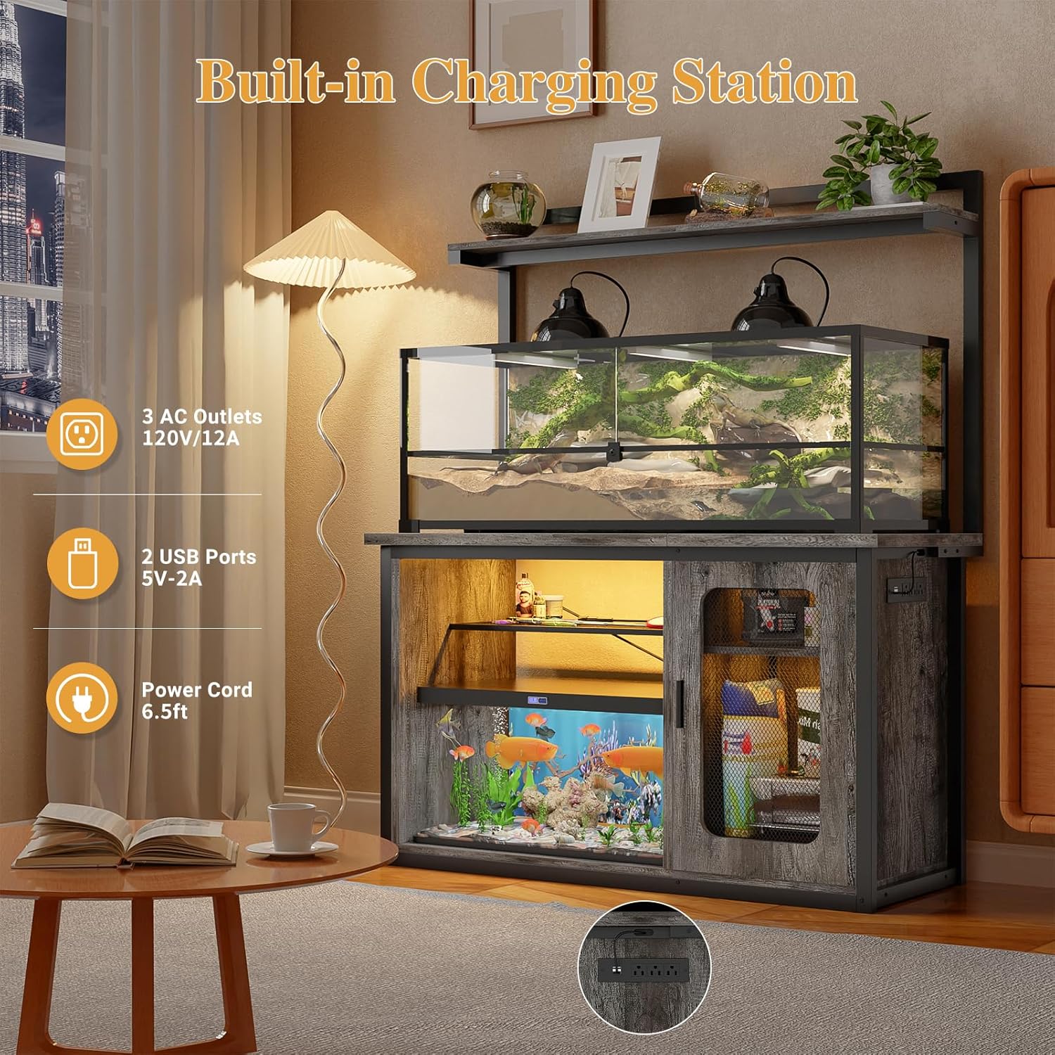 Unikito 55-75 Gallon Fish Tank Stand with Power Outlets & LED Light, Heavy Duty Aquarium Stand with Reversible Cabinet for Tank Accessory Storage, Reptile/Terrarium Stand, Black Oak