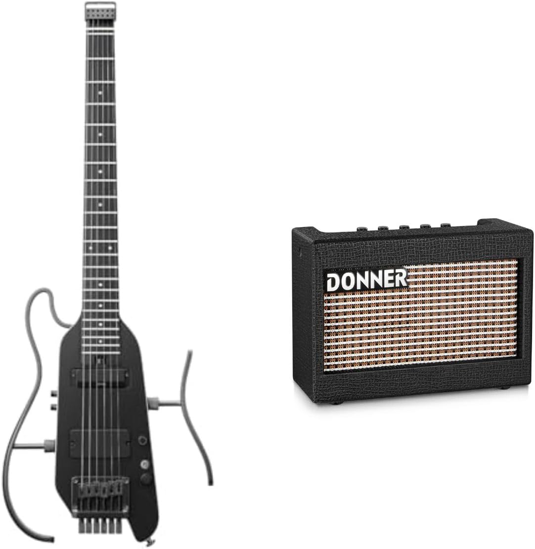HUSH X PRO Electric Guitar Kit - Smart Travel Guitar, Black and Mini Electric Guitar Amp Wooden 3W