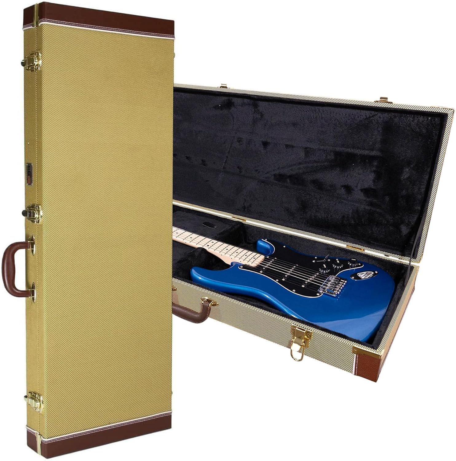 Gearlux Electric Guitar Hard Case for Fender Stratocaster/Telecaster and Standard-Size Guitars with Exterior Lock and Key, Interior Accessory Compartment, and Plush Interior Padding - Tweed