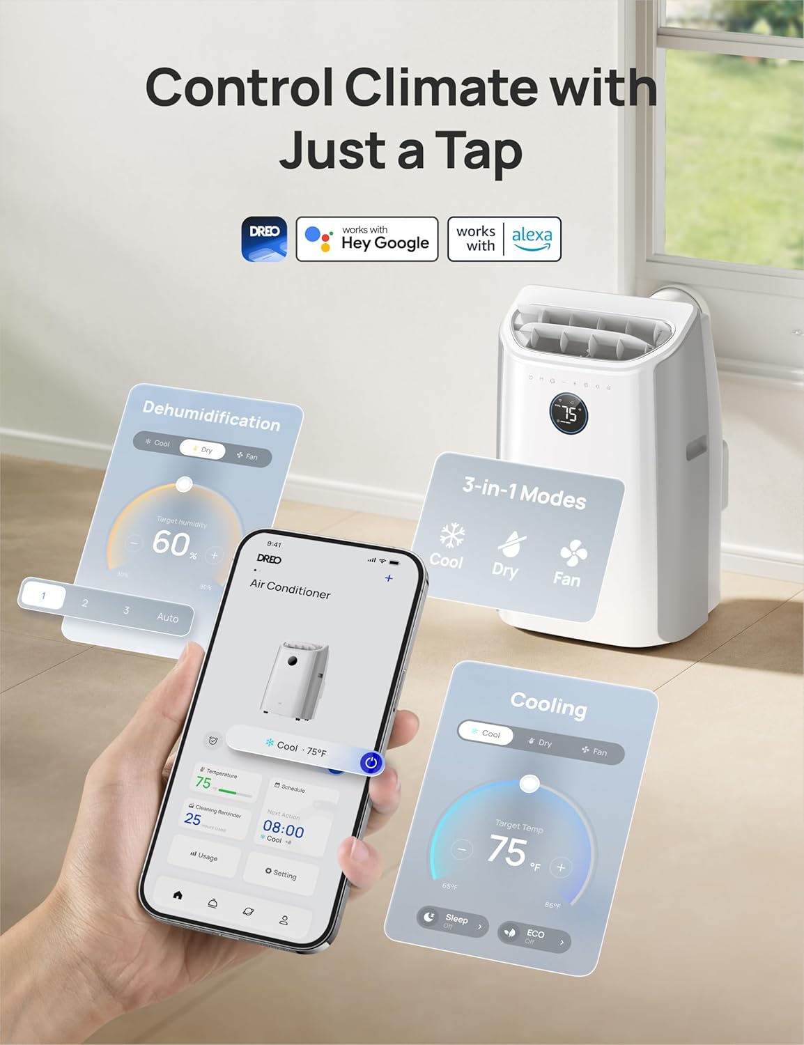 Dreo Portable Air Conditioners, 14000 BTU ASHRAE (10,000 BTU DOE) Smart AC Unit for Room with Drainage-free Cooling, APP/Voice/Remote, Fan & Dehumidifier, Quiet Standing AC for Bedroom, AC516S New