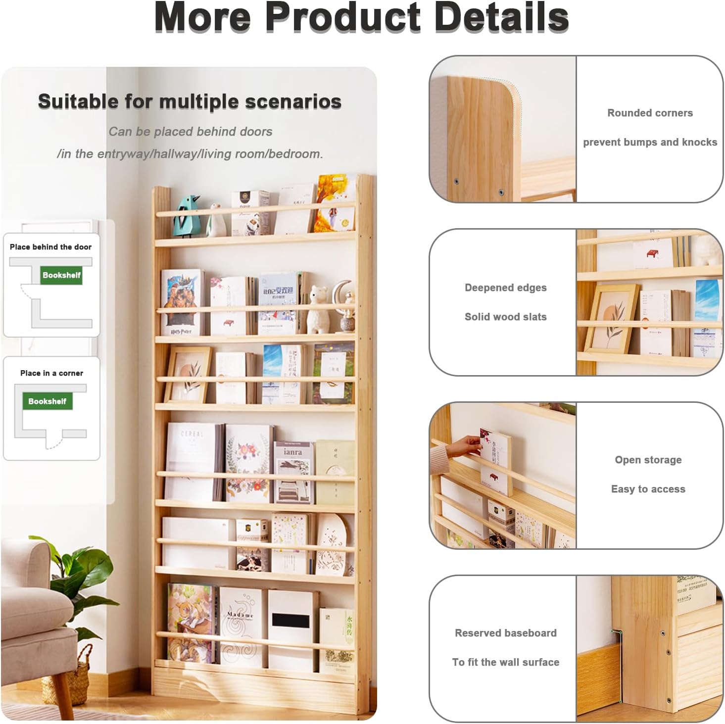 Behind The Door Bookshelf, Solid Wood Bookcases, Open Display Shelves, Space-Saving Organizer, Wall Mount Shelf, for Books in Bedroom, Living Room Natural Wood Color 4F-70cm