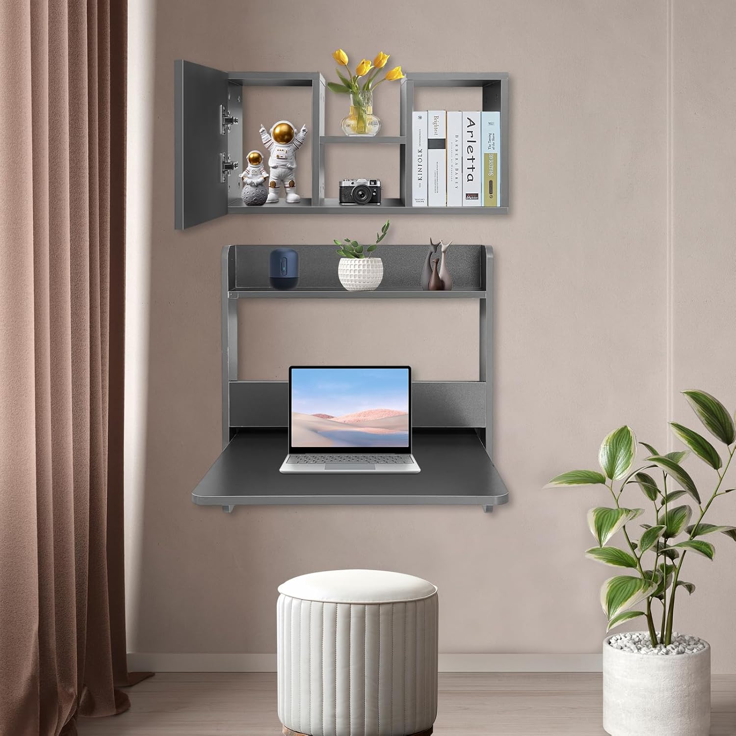 Wall Mounted Desk & Bookshelf, Folding Space Saving Wall Mounted Table with Storage Compart Space, Fold Down Laptop Desk for Home Office (Grey)