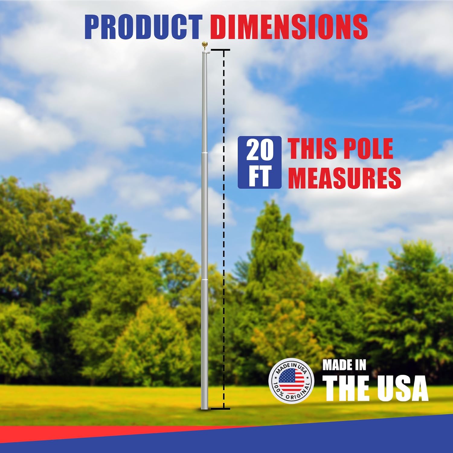 Super Tough USA-Made 20ft Heavy Duty Flag Pole for Outside House - Satin Finish - Residential In-Ground Flagpole - 3-Section High-Grade Aluminum - Includes All Accessories