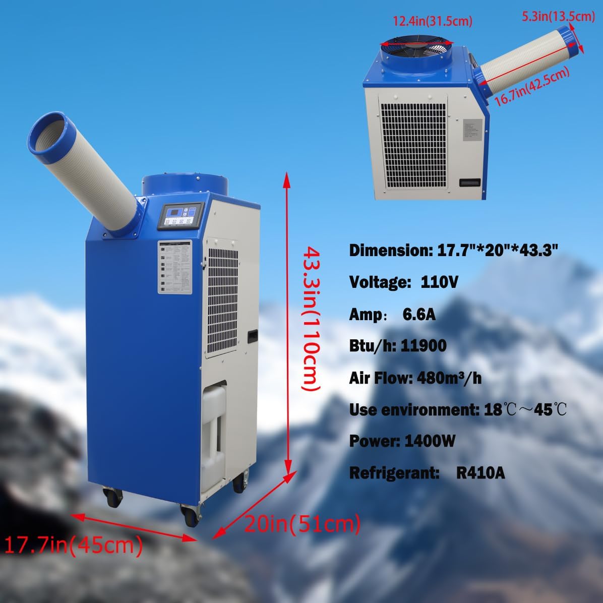 110V 1400W Industrial Air Conditioner 480m³/h Commercial Portable Industrial Spot Cooler Mobile Air Conditioner Single Column 11900BTU